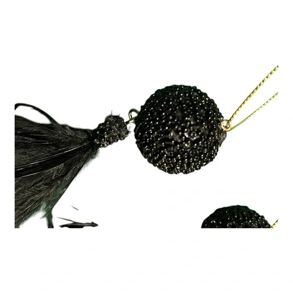 Black beaded ball & feather tassel Christmas ornaments/home decor 4 pieces 7.5” - Picture 4 of 12